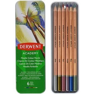 DERWENT Academy Metallic Colour Pencils v plechovej škatuľke, šesťhranné, 6 farieb