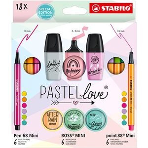 STABILO Pastellove – 18 ks – jemné linery, prémiové vláknové fixy a zvýrazňovače
